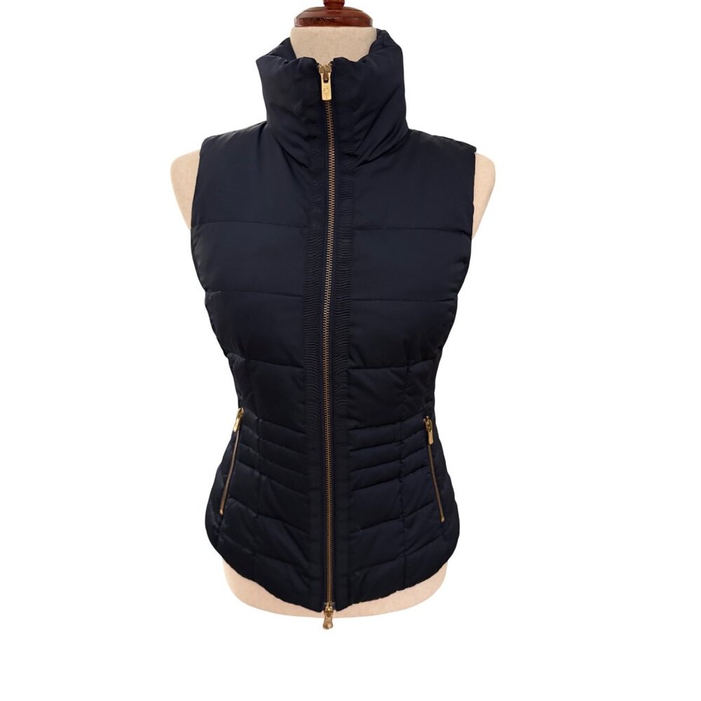 Lilly Pulitzer XS Navy Puffer Vest Down Feather Gold Zip Tropical Lined